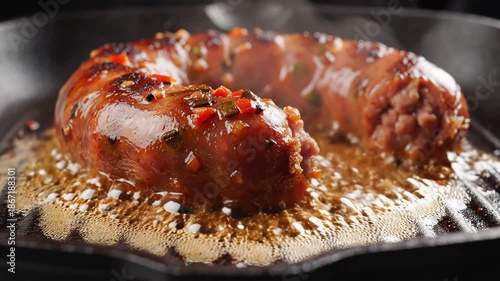 A closeup shot of a delicious spicy chorizo sausage sizzling and cooking on a hot cast iron grill pan rendering its flavorful fat and juices creating a mouthwatering aroma in a rustic kitchen setting.