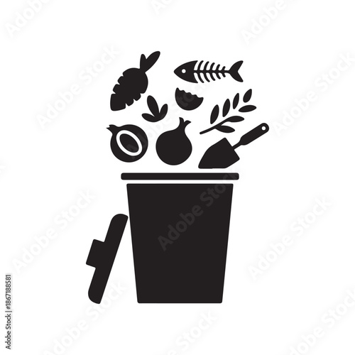 Organic waste composting icon food scraps leaves fish bones black vector illustration