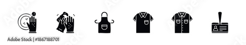 Black silhouette icons representing essential service industry elements such as cleaning procedures, work uniforms, and employee identification badges for business and jobrelated graphics.