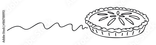 A simple black line drawing of a delicious baked fruit pie with a decorative crust and steam represented by a wavy continuous line, ideal for bakery promotions or minimalist foodrelated