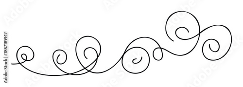 Elegant continuous line drawing of flowing swirls and abstract curls, ideal as a delicate decorative flourish for invitations, certificates, documents, menus, and graphic embellishments.