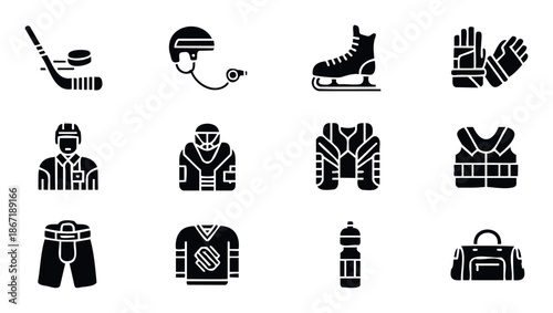 Essential ice hockey equipment and protective gear glyph icons collection for sports graphics, athletic event promotion, training materials, and digital applications.