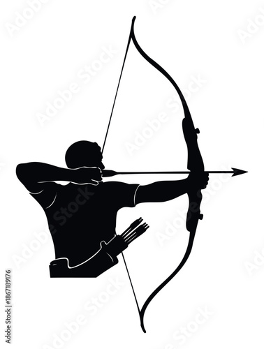Dynamic black silhouette of an archer drawing a powerful bow and arrow, excellent for athletic branding, sports event promotions, or impactful graphic projects.
