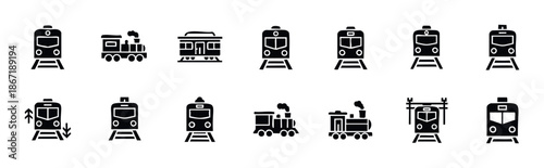 A comprehensive set of solid black glyph train icons representing diverse rail transportation, from modern passenger cars to classic steam locomotives, suitable for interface design and