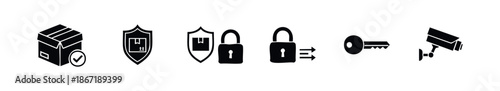 This comprehensive icon set illustrates secure package delivery, data protection, and surveillance monitoring for logistics, business security, and access control applications.