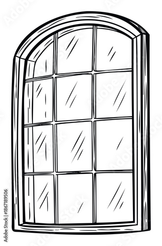 Arched multipane window drawn in a classic architectural style, ideal for representing traditional buildings, vintage home designs, or construction project visuals.