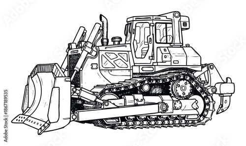 A powerful heavy equipment bulldozer line drawing perfect for construction industry advertisements, engineering blueprints, machinery specifications, and industrial project documentation.