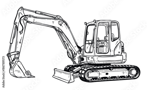 Detailed sketch of a compact excavator with a digging arm and dozer blade, perfect for heavy machinery promotional materials and construction site safety manuals.