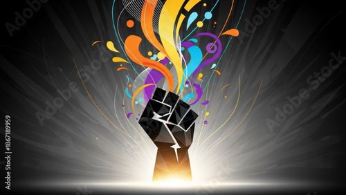 Vibrant colorful swirling creative idea lightbulb explosion concept with glowing rays on dark background with creativity and innovation and inspiration