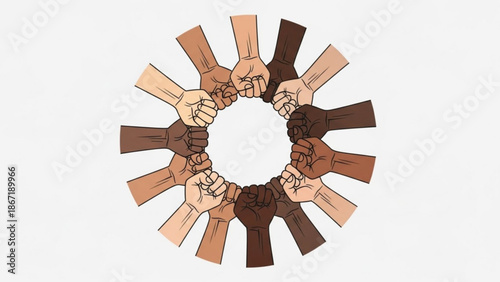 Diverse hands clasped together in unity and solidarity forming a circle with diversity and inclusion and equality and harmony and togetherness
