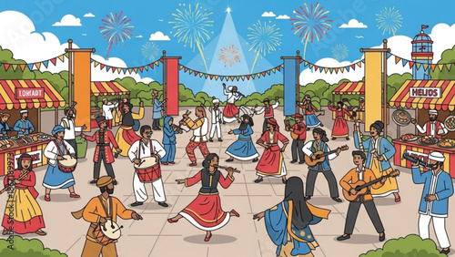 Vibrant festival scene with people dancing and playing music at an outdoor celebration with colorful stalls and fireworks with musical instruments