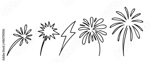 Collection of hand drawn sparkler and firework line icons depicting festive celebration and energy for holiday event decorations, party invitations, or digital graphics