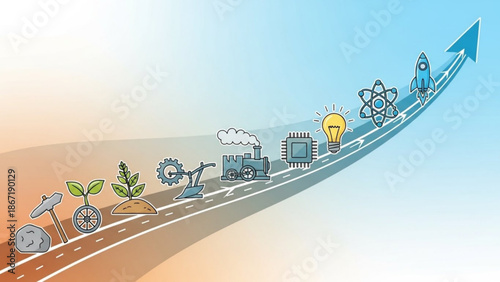Innovation and progress on a road from industrial to technological advancement with various symbols with technology and industry and science