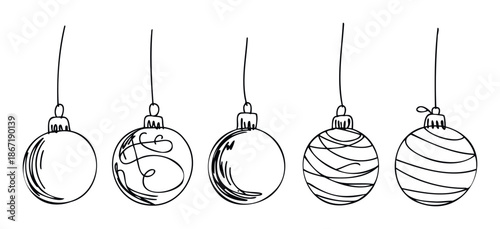 Hand drawn Christmas ornaments with various line decorations perfect for holiday greeting cards festive season celebrations and winter event promotions