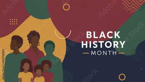 Diverse family celebrating black history month with colorful abstract background and inclusive illustration with celebration and diversity and equity
