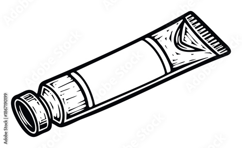 Black and white stylized tube of paint, cream, or cosmetic product, useful for educational content, product packaging, and creative workshop materials.