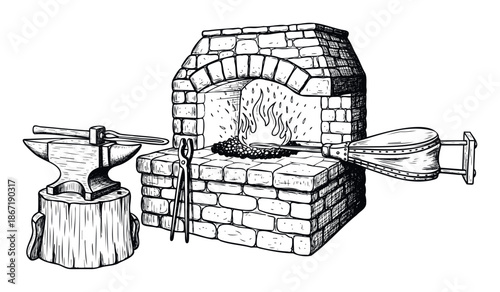 Traditional blacksmith workshop scene featuring a glowing forge with fire, a sturdy anvil, and various tools, suitable for historical publications and artisan craft promotions.