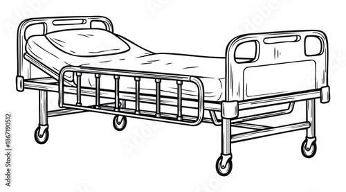 Line drawing of an empty medical bed with wheels and safety rails, perfect for healthcare facility signage, hospital equipment catalogs, or medical care presentations
