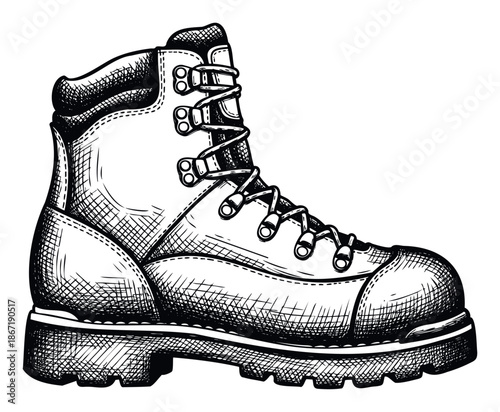 Engraved style outdoor hiking boot drawing for nature exploration equipment visuals, rugged footwear advertisements, or adventure travel promotions.