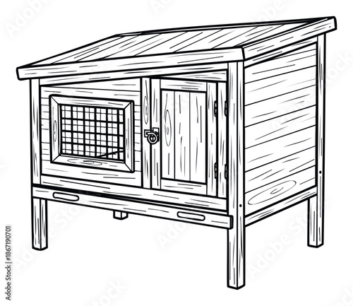 Traditional timber animal hutch with an angled roof and secure enclosures ideal for illustrating pet housing manuals, country lifestyle blogs, or agricultural animal shelter construction