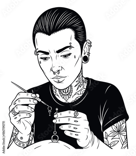 Professional body piercer carefully adjusting a septum ring with a specialized tool, perfect for alternative lifestyle blogs and piercing studio advertisements