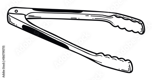 Versatile kitchen tongs, a fundamental cooking and serving utensil, presented in a crisp black and white line drawing suitable for food preparation instructions or equipment guides.