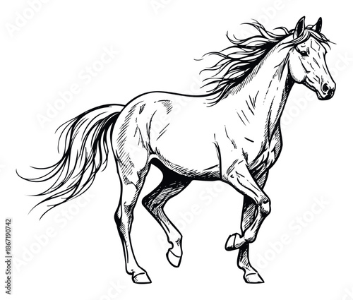 Graceful horse in a dynamic running pose captured in a striking graphic sketch style perfect for various creative projects and apparel designs