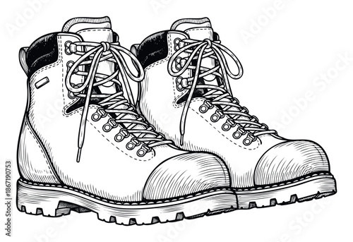 A pair of vintage style rugged boots ready for outdoor adventures, perfect for nature publications, clothing catalogs, or wilderness themed promotional materials.