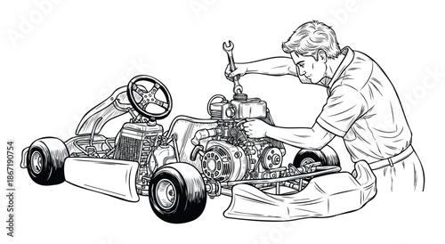 A focused male mechanic expertly services and adjusts a gokart engine with a wrench, ideal for motorsports, automotive repair, and hobbyist racing content.