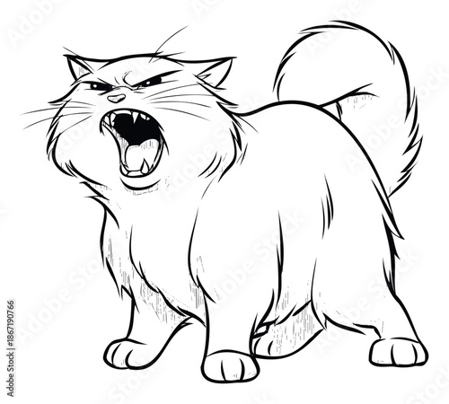 Fluffy white cat with wide open mouth showing sharp teeth and angry expression, ideal for themes of animal aggression or strong feline emotions in various media projects.