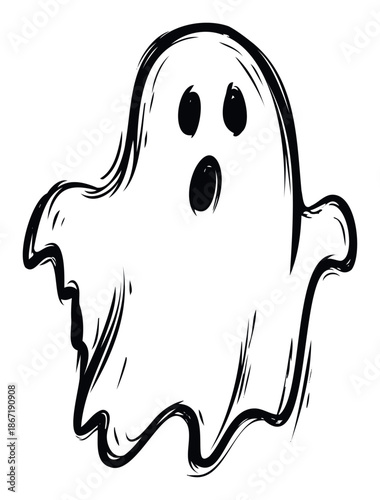 Expressive black and white spooky ghost with a hand drawn brush stroke style, ideal for Halloween decorations, eerie themed events, and general scary holiday entertainment.