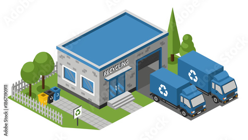 Recycling facility vector illustration with trucks and bins for waste management and sustainability