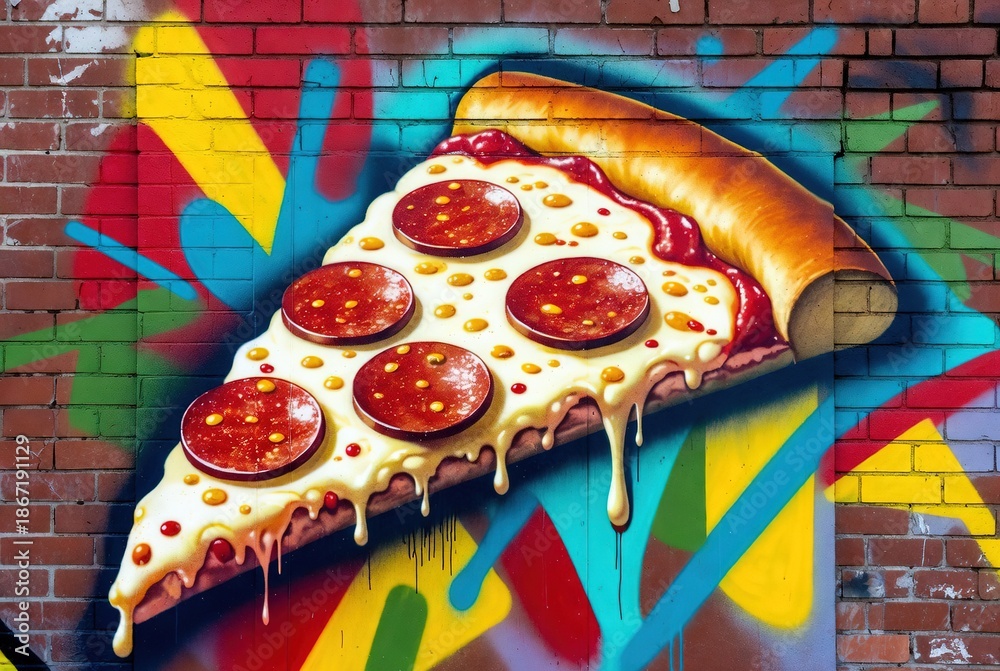 Fototapeta premium Vibrant pizza graffiti mural on a colorful urban brick wall