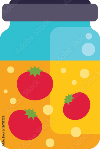 Preserved tomatoes in a glass jar with yellow liquid, ideal for representing homemade food, canning, or healthy eating