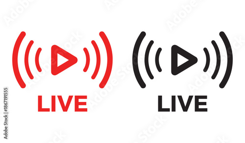 Live streaming play icons with sound waves in red and black