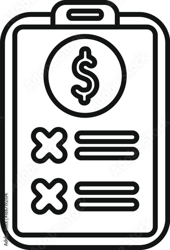 Clipboard showing payment cancellation with cross marks and dollar sign, concept of unpaid invoice or failed transaction