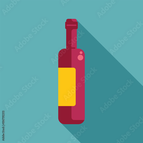 Closed wine bottle with blank yellow label, long shadow, turquoise background, flat design style