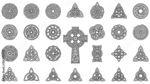 Celtic knotwork designs and symbols on including crosses and trinity knots