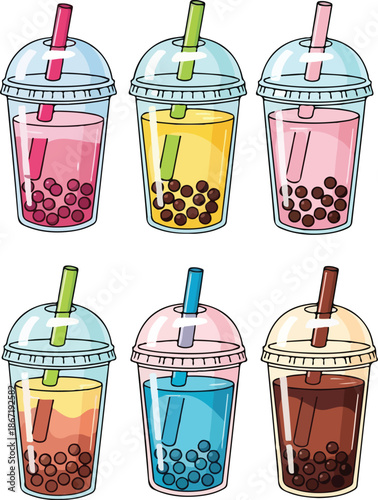 Vector illustration of colorful bubble tea cups with straws and boba