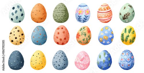Watercolor Easter eggs with spring flowers and pastel decorations create charming cartoon designs perfect for greeting cards, posters, and festive Easter banners.