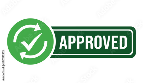 Green approved stamp with checkmark and arrows on white background