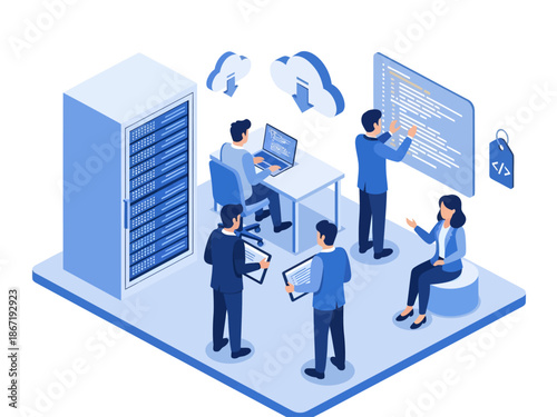 Isometric vector illustration of a tech team managing cloud servers and coding, showing professionals collaborating on software development and data maintenance in a modern blue workspace