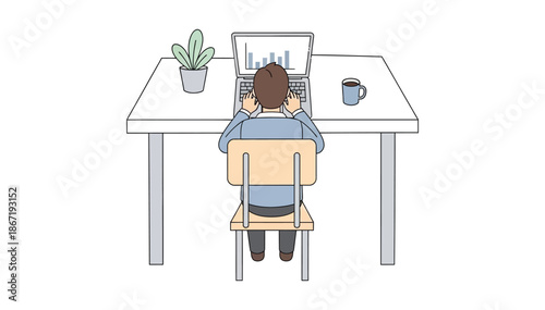 From behind, a person works at a white desk, focused on a laptop displaying data. Plant and coffee cup are visible