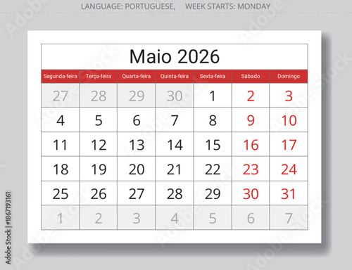 Portuguese May 2026 month calendar planner - Maio. Monthly page illustration for Portugal