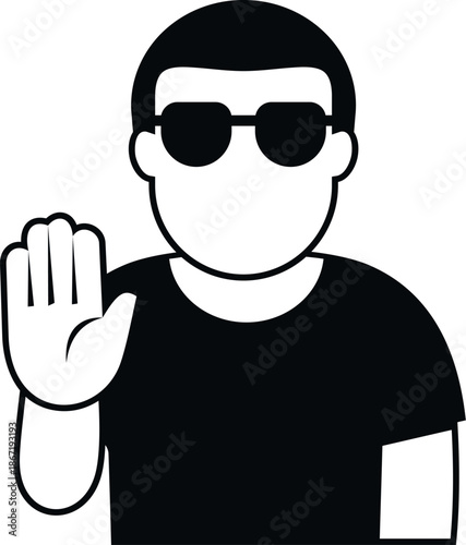 Person wearing sunglasses holding up a hand, indicating a stop, halt, or prohibition