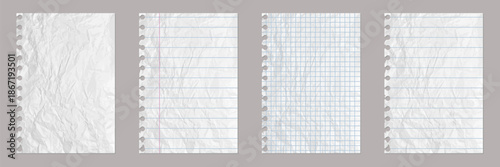 Crumpled notebook paper sheets illustration collection. Set of lined grid and blank torn pages with realistic texture
