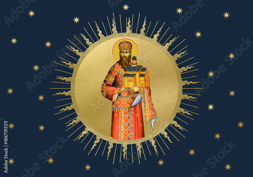 Bild auf Leinwand Saint Stefan Urosh I in golden sun on night starry sky background
