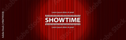 Showtime theater background illustration in red. Stage curtain scene with spotlight dots and headline text for show presentation