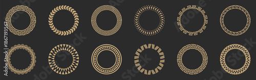 Ornamental round frames collection in gold on dark background. Set of elegant circular borders with classic patterns