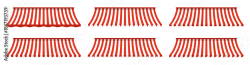 Shop awning canopies illustration collection in red and white. Set of storefront tent roofs for market cafe and retail design